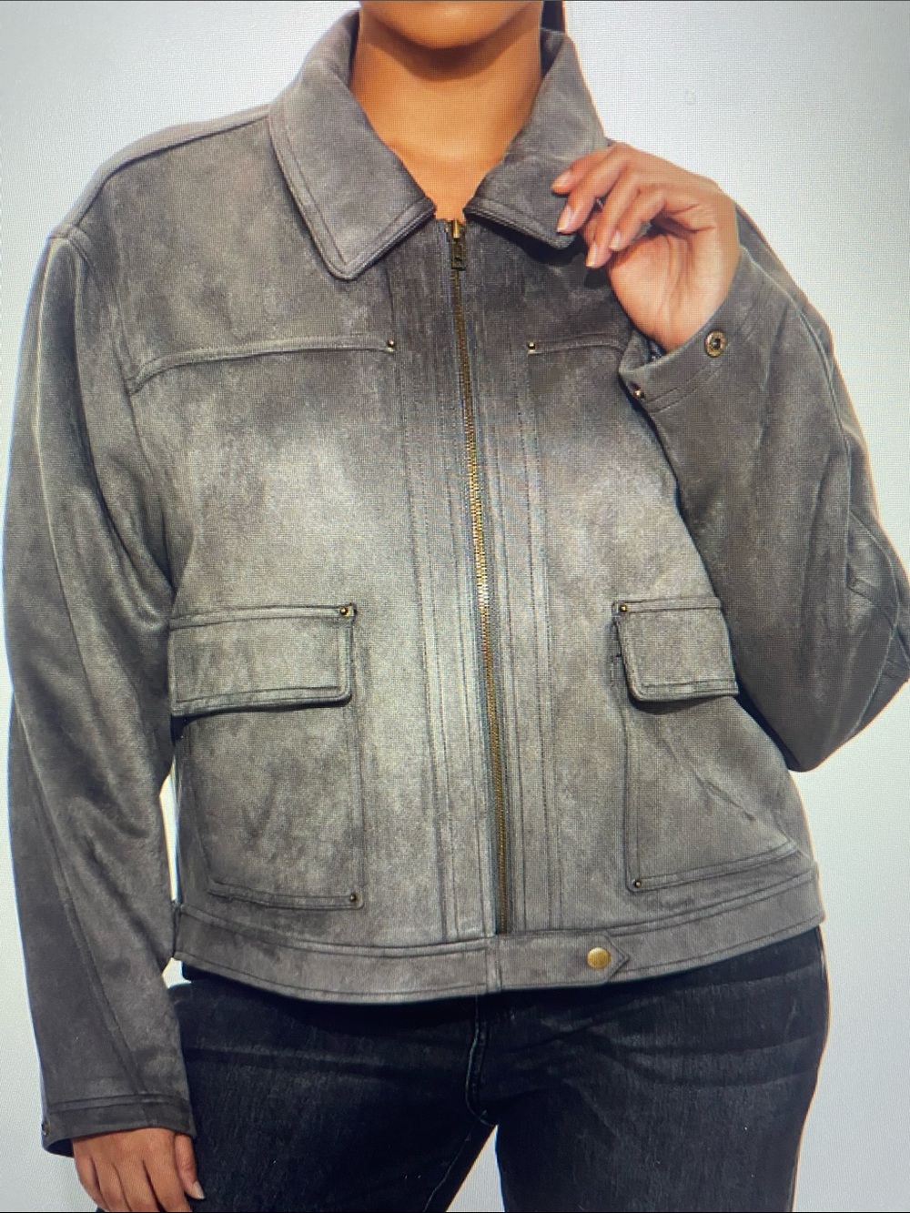 Women’s Gray Faux Suede Zip-Front Jacket